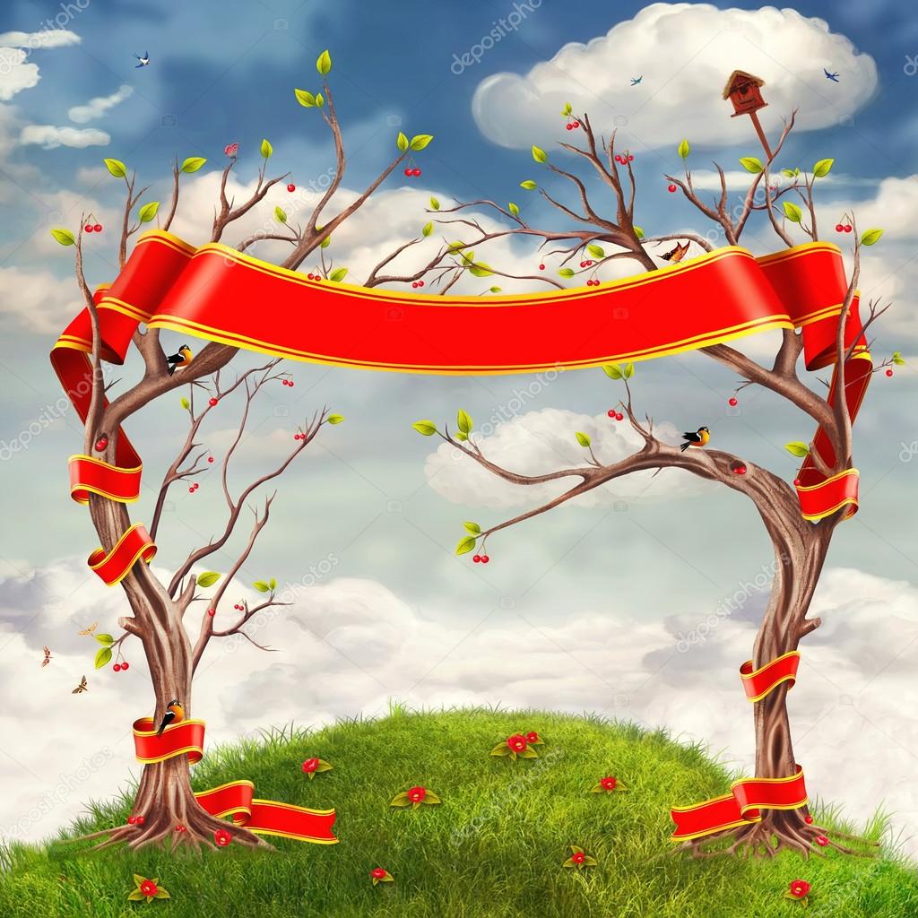 Clouds Background with Trees ,Flowers ,Hills and large Red ribbon