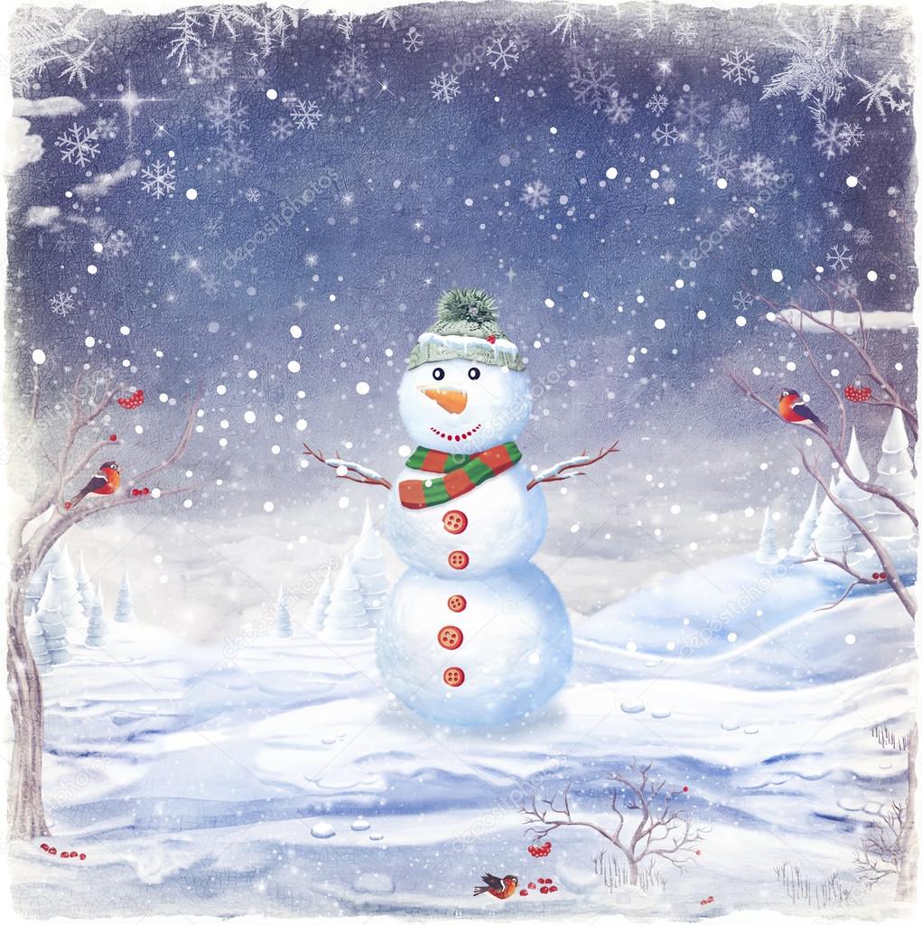 Illustration of snowman, on a background of snow and snowflakes