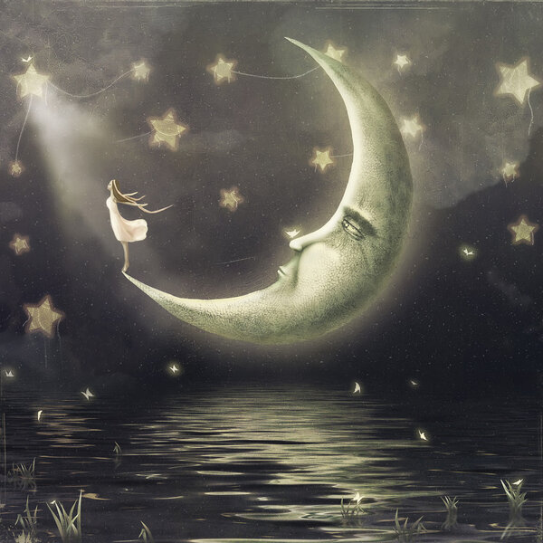 Иллюстрация показывает девушку, которая восхищается звездным небом
