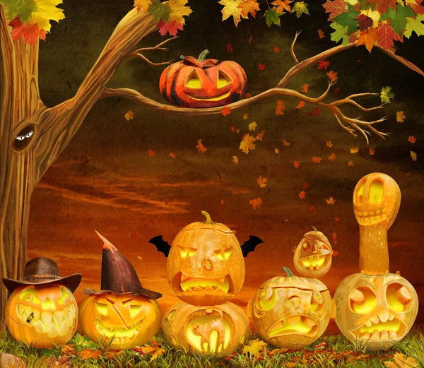 Zucche spaventose di Halloween di notte — Foto Stock