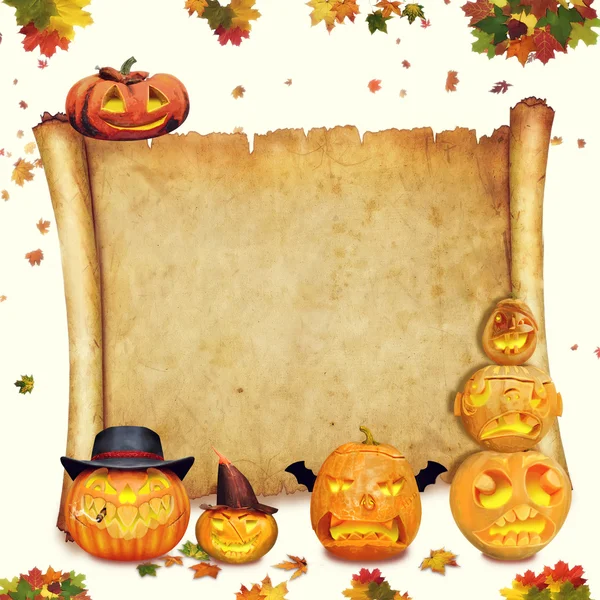 Halloween bakgrund rulla tecken med bladverk och snidade orange — Stockfoto