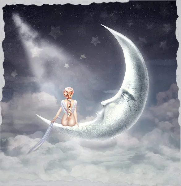 Junges blondes Mädchen sitzt auf dem Mond — Stockfoto