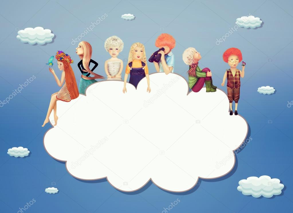 Illustration of kids standing behind cloud