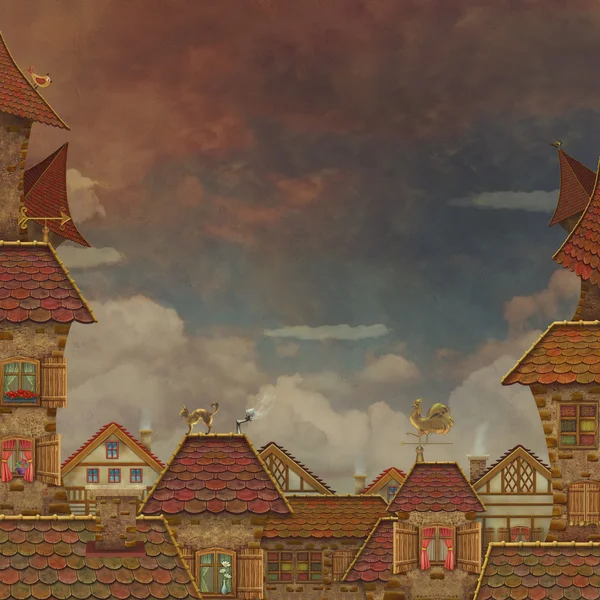 Fragmento de una ciudad .Azulejos techos con cielo rojo — Foto de Stock