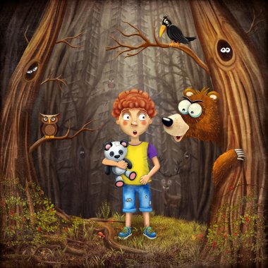 ormanda hayvanlarla küçük çocuk