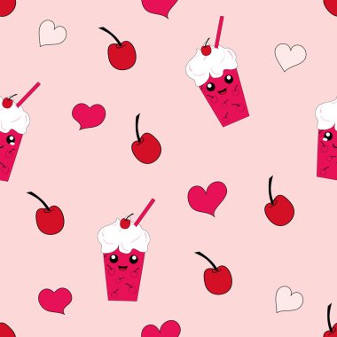 Kirazlı ve kalpli, kawaii milkshake 'li kusursuz desen. vektör