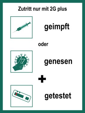 2G artı kurallı bilgi işaretleri. Almanca metin (2G + burada uygulanır) ve (aşılanmış, kurtarılmış + test edilmiş). vektör