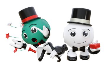 Silindir şapkalı robot simgesi baston üzerinde rakip gezisi yapıyor. 3d oluşturma