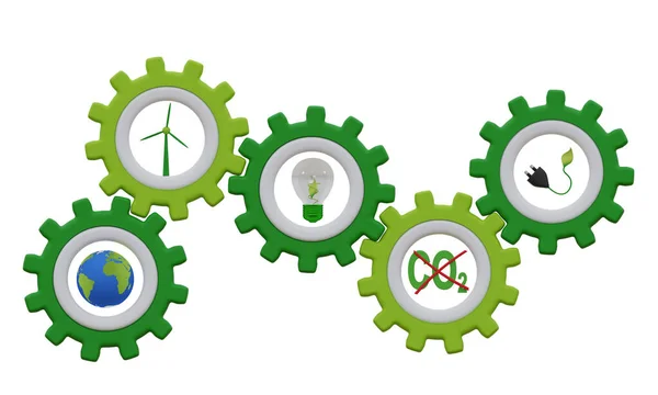 Environmentally Friendly Energy Concept Gear Wheels Environmental Symbols Rendering — Stock Photo, Image