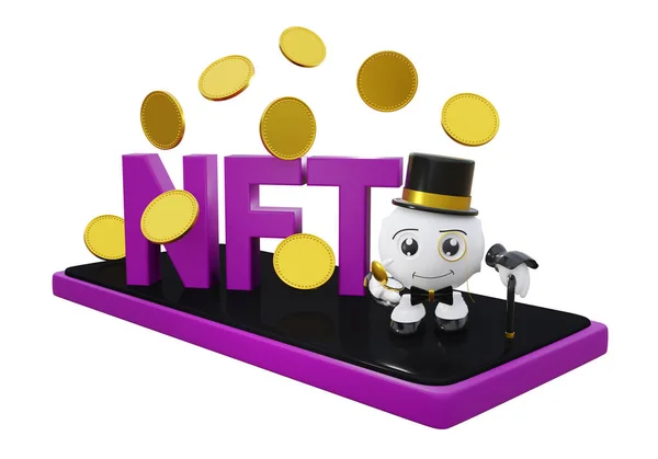 NFT 'yi boş paralarla ve 3D karakterle Fon Fonu Olmayan Token' a göndermek. 3d oluşturma