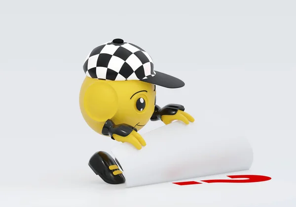 可爱的3D机器人 头戴格子棒球帽 看着地上的问号 3D渲染 — 图库照片