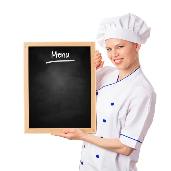Şef kadın aşçı ile yazı tahtası — Stok fotoğraf