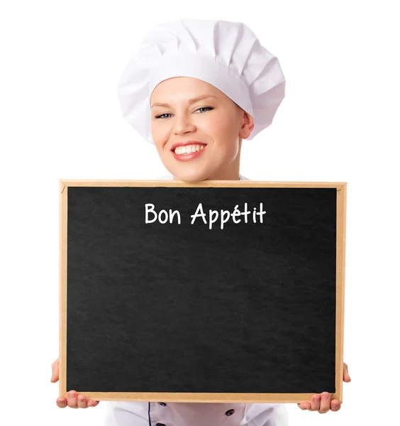 Chef woman cook with blackboard — Stock Photo, Image