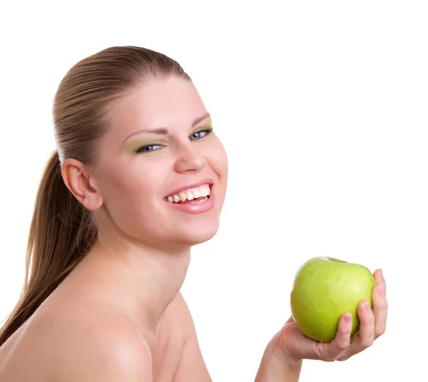 Blond kvinna med grönt äpple — Stockfoto