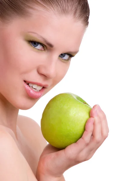 Beauty Woman With Green Apple — Stock Photo, Image