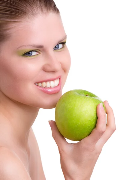 Красавица с зеленым яблоком — стоковое фото