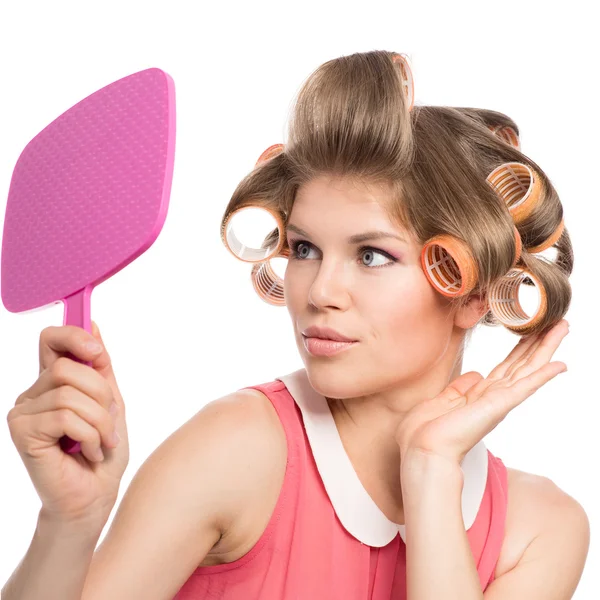 Woman in hair rollers — Stock Photo, Image