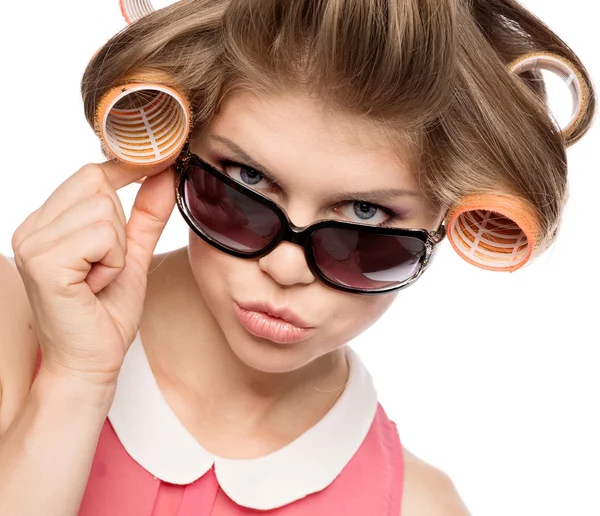 Woman in hair rollers — Stock Fotó