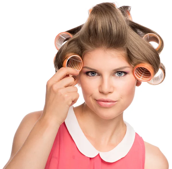 Woman in hair rollers — Stock Fotó