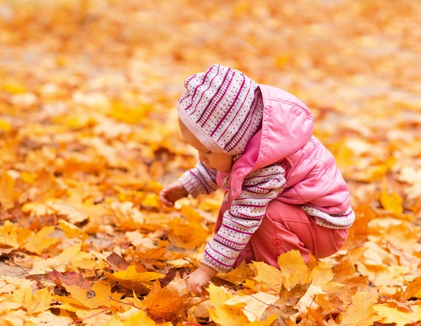 Bébé avec feuilles d'automne — Photo