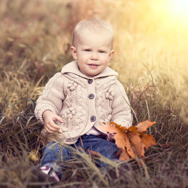 婴儿与秋天的树叶 — 图库照片
