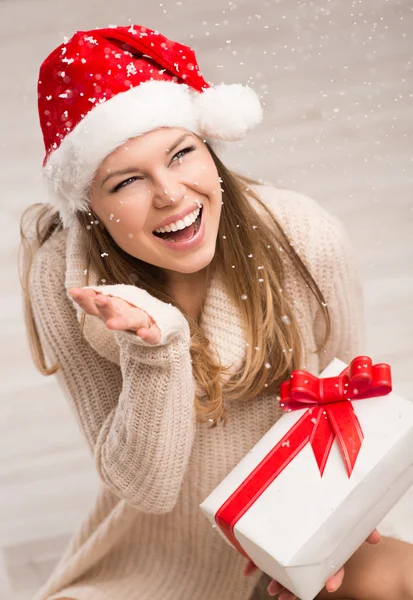 Santa girl and snowflakes — Stock Photo, Image