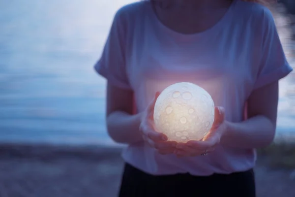 Astrology Concept Woman Night Beach Moon Her Hand — Zdjęcie stockowe