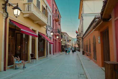 Vlora, Albania - July 2022. Tourists in historical city center Muradie.