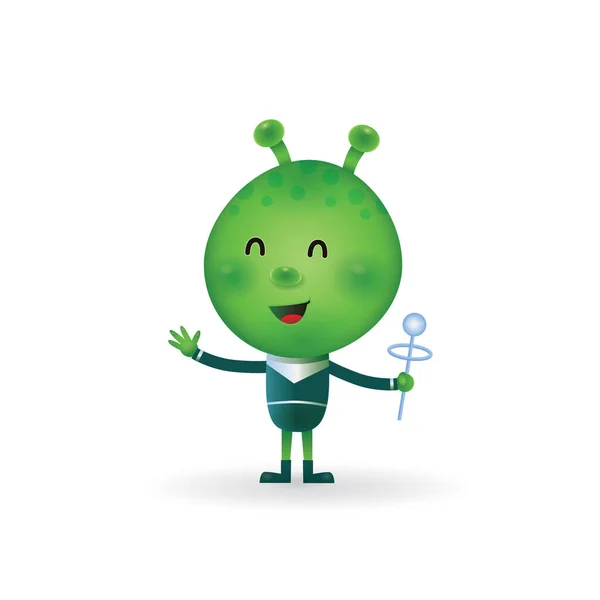 Cute Alien Character Space Suit Waving Hand Tool Vector Mascot — Stock Vector