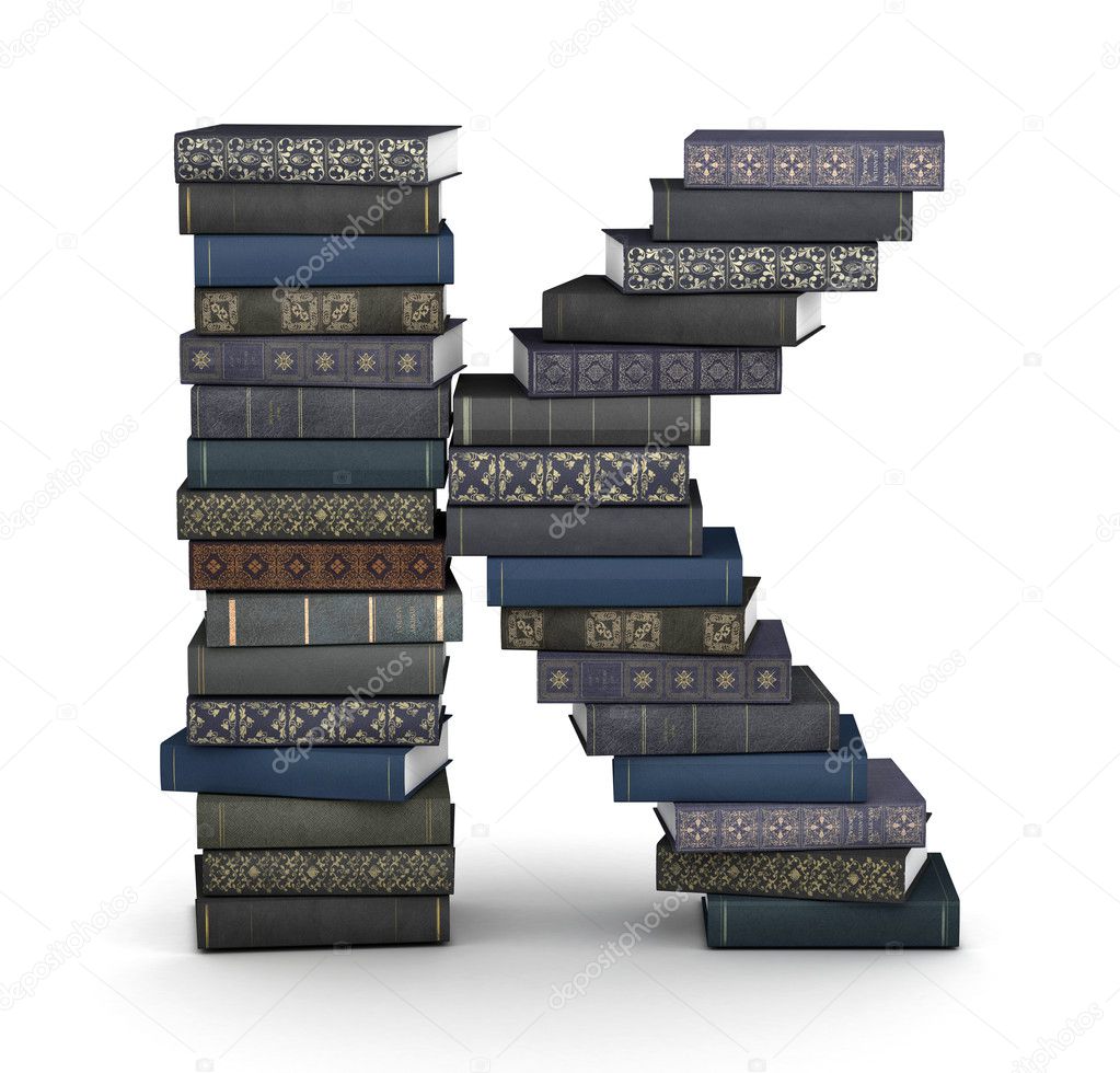 Letter K, stack of books