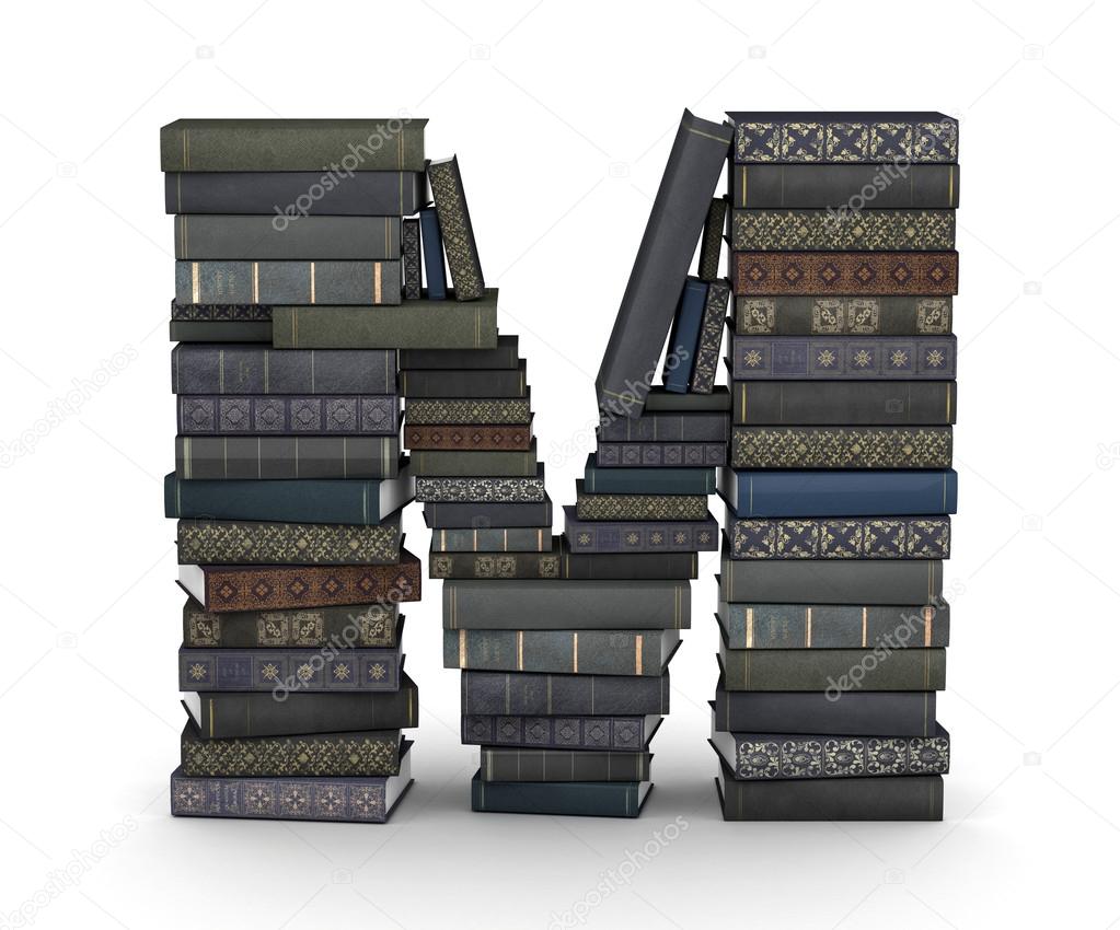 Letter M, stack of books