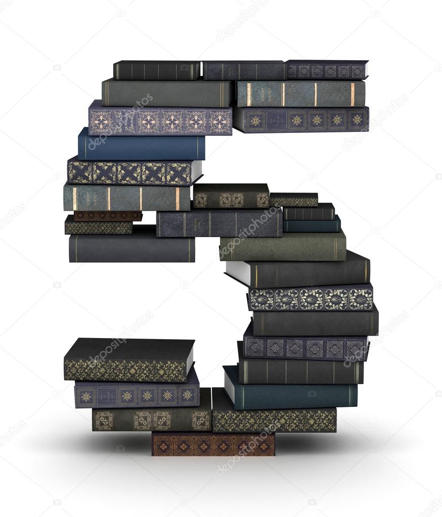 Number 5, stack of books