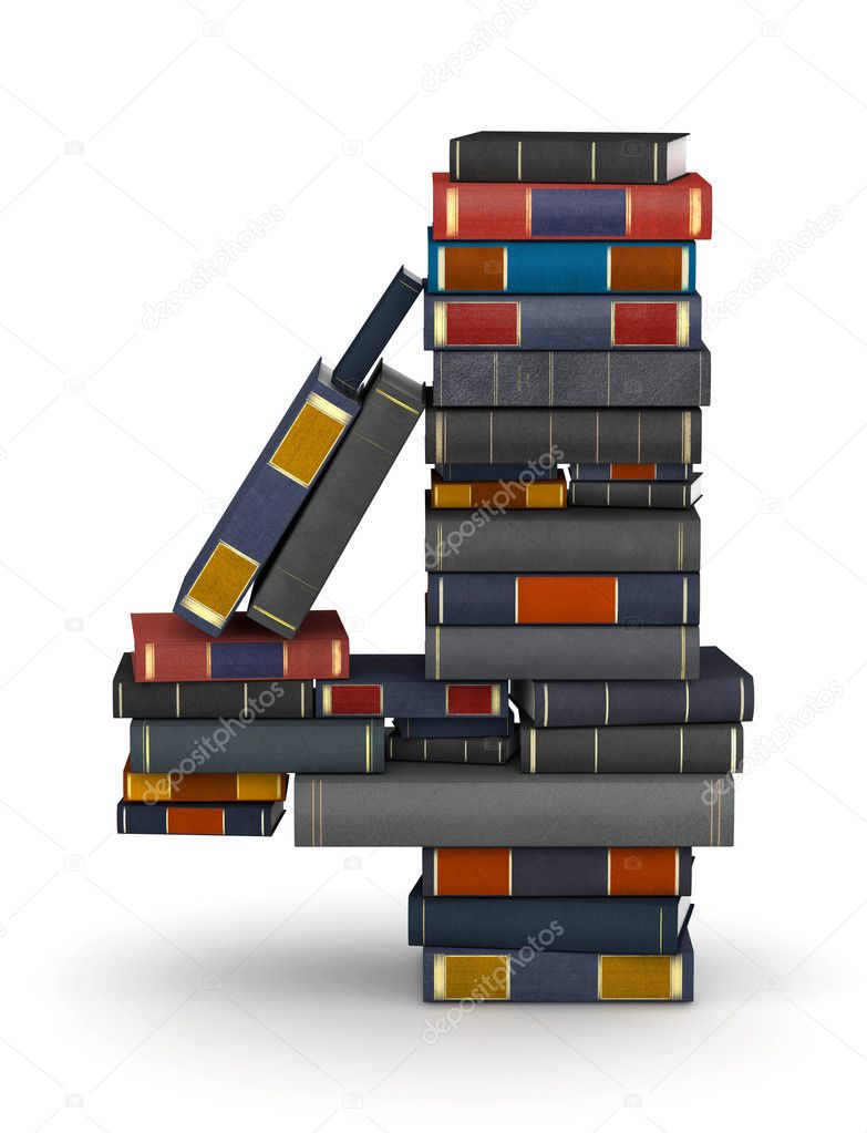 Number 4, stacked from books