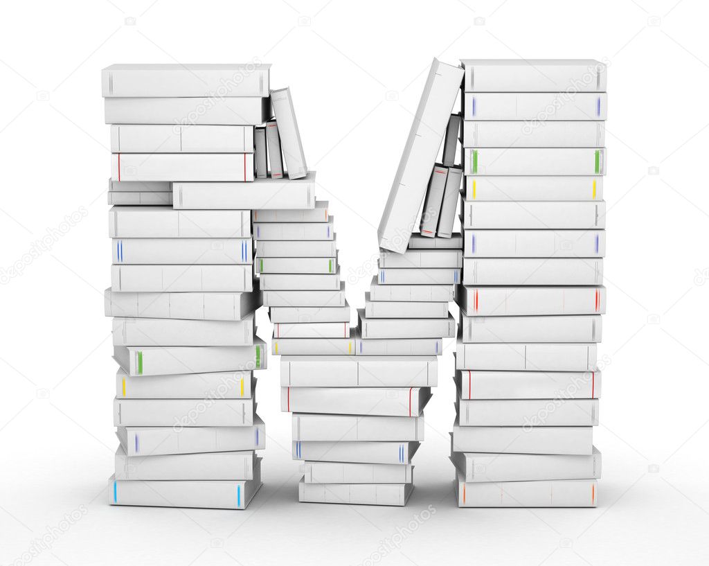 Letter M, stacked from blank books