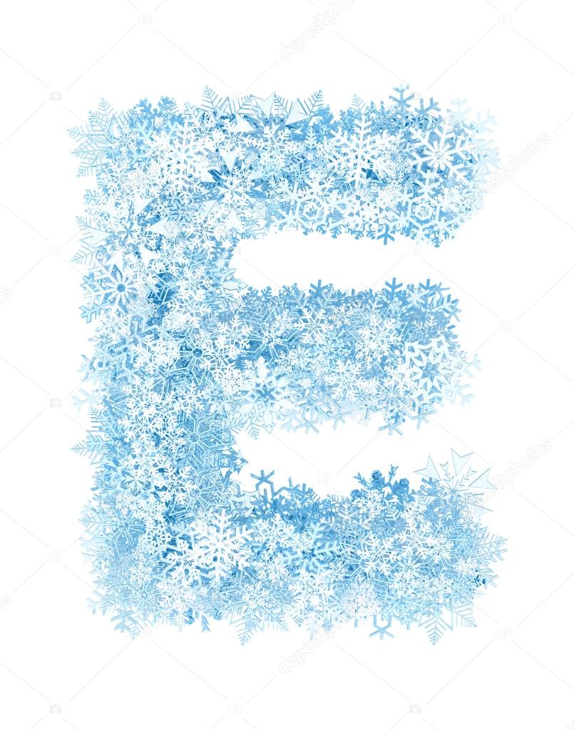 Letter E, frosty snowflakes