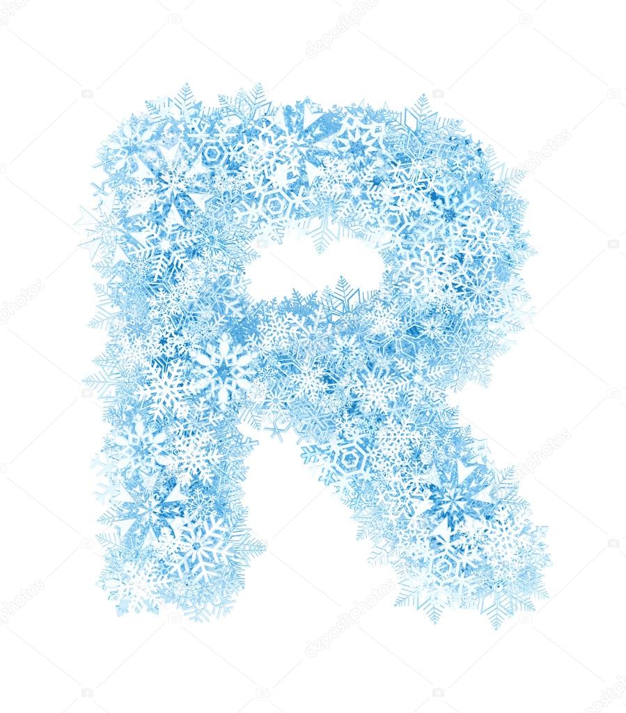 Letter R, frosty snowflakes