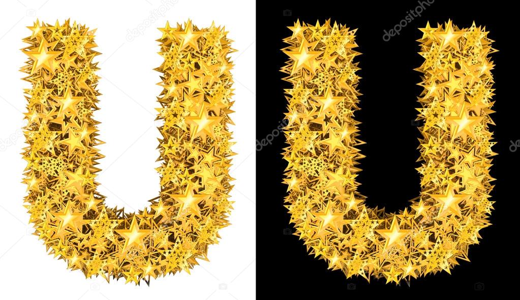 Gold shiny stars letter U, black and white background