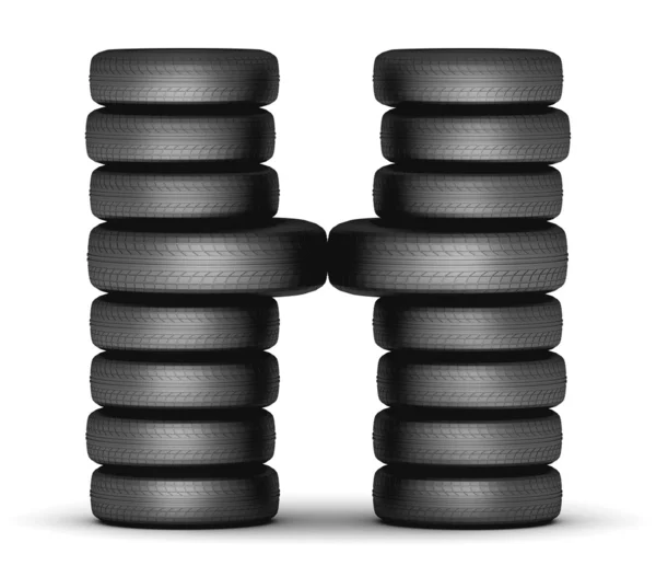 Letra H estaca de neumáticos de goma de coches, negro sobre blanco —  Fotos de Stock
