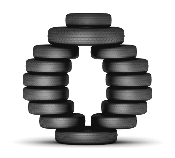 Буква O сделана из резиновых шин автомобилей, черное на белом — стоковое фото