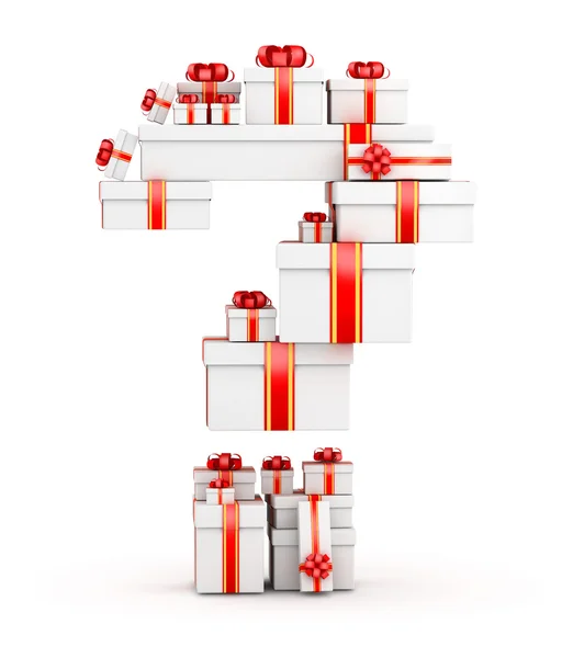 Question from boxes of gifts decorated with red ribbons — Stock Photo, Image