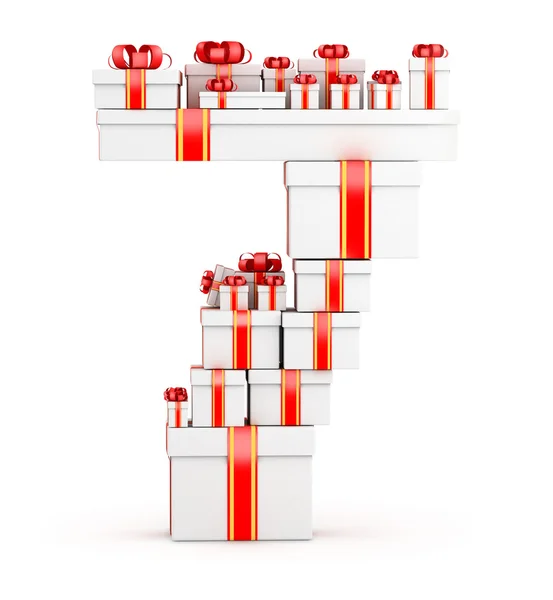 Nummer 7 från lådor av gåvor dekorerad med röda band — Stockfoto