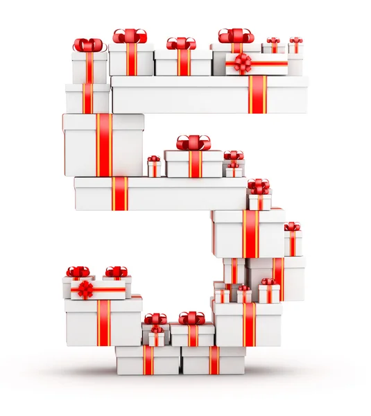 Number 5 from boxes of gifts decorated with red ribbons — Stock Photo, Image