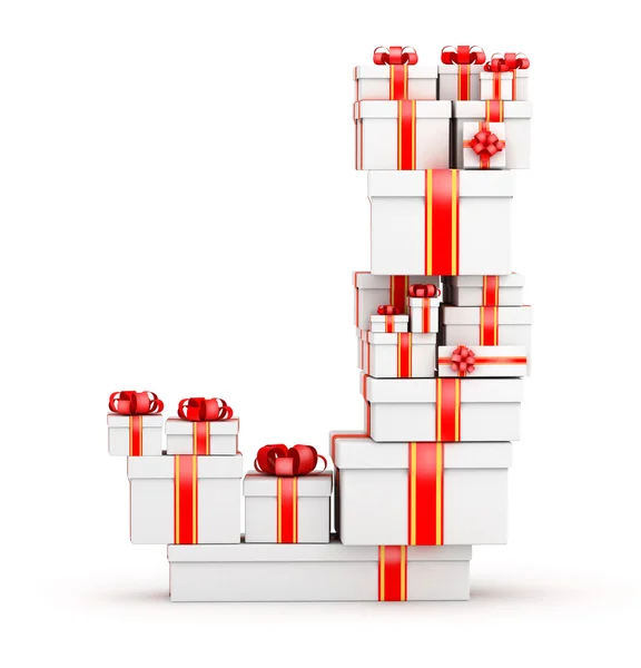 Letter from boxes of gifts decorated with red ribbons — Stock Photo, Image