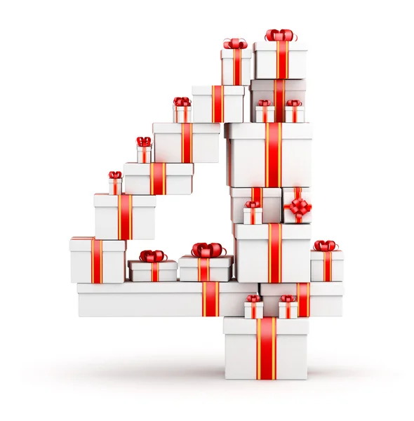 Nummer 4 från lådor av gåvor dekorerad med röda band — Stockfoto
