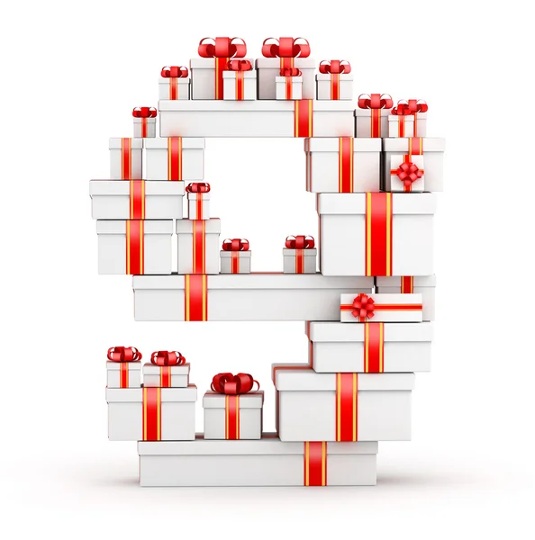 Número 9 de cajas de regalos decoradas con cintas rojas —  Fotos de Stock