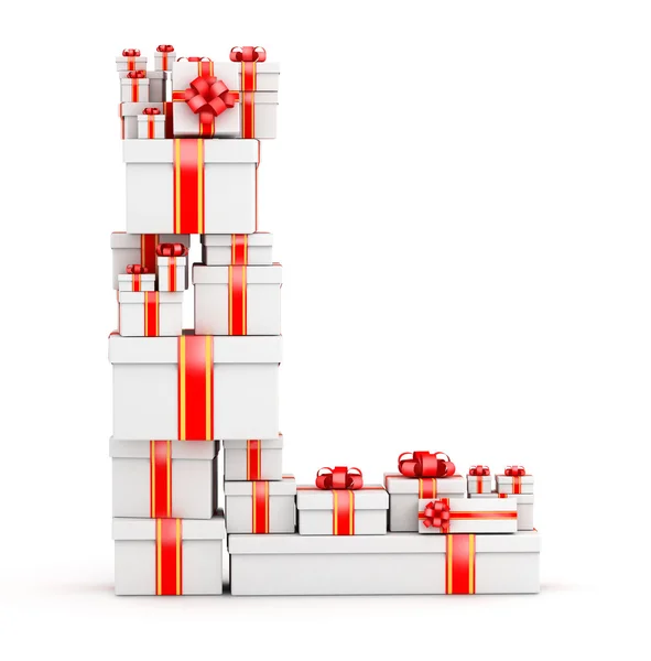 Letra L de cajas de regalos decoradas con cintas rojas — Foto de Stock