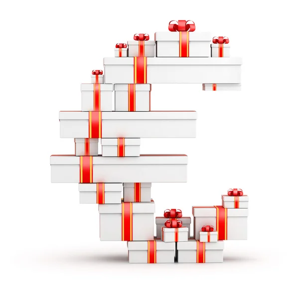 Euro sign from boxes of gifts decorated with red ribbons — Stock Photo, Image