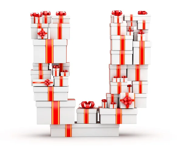 Letter U from boxes of gifts decorated with red ribbons