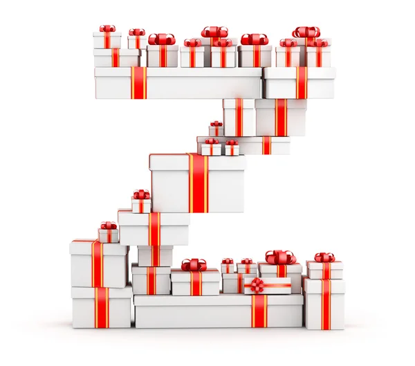Буква Z из коробок с подарками, украшенных красными лентами — стоковое фото