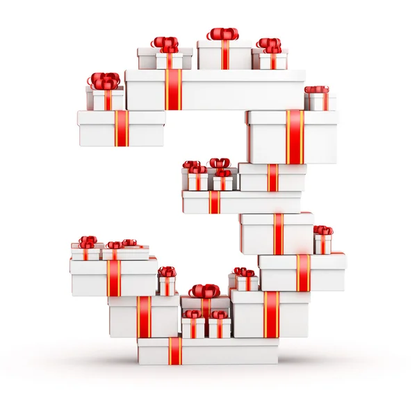 Número 3 de cajas de regalos decoradas con cintas rojas — Foto de Stock